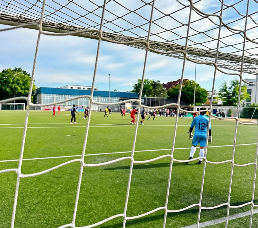 Fußballspiel aus der Perspektive hinter dem Tor